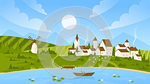 Summer sunny day landscape, countryside village scenery with farm houses, wind mill, lake