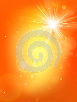 Summer sunny hot orange template with burst and lens flare. Warm sun light. EPS 10