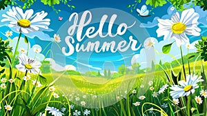 Summer sunny landscape. The inscription Hello SUMMER. The beginning of summer in the northern hemisphere. Illustration