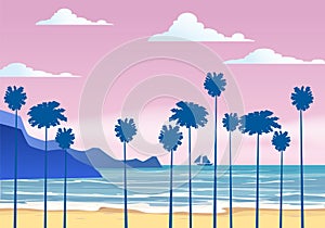 Summer sunny tropical backgrounds seascape with palms seaside, beach mountanes sky horison, sunset. Vector illustration