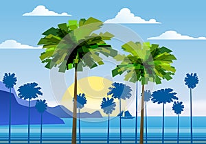 Summer sunny tropical backgrounds seascape with palms seaside, mountanes sky horison, sunset. Vector illustration