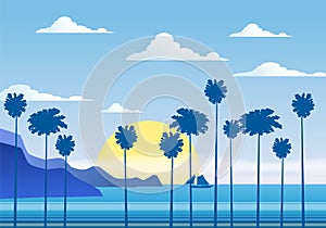 Summer sunny tropical backgrounds seascape with palms seaside, mountanes sky horison, sunset. Vector illustration