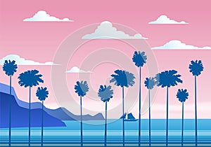 Summer sunny tropical backgrounds seascape with palms seaside, mountanes sky horison, sunset. Vector illustration