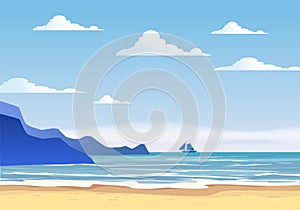 Summer sunny tropical backgrounds seascape with seaside, mountanes beach sky horison, sunset. Vector illustration