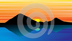 Summer sunny tropical backgrounds seascape with seaside, mountanes sky horison, sunset.