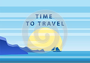Summer sunny tropical backgrounds Time to travel seascape with seaside, mountanes sky horison, sunset. Vector
