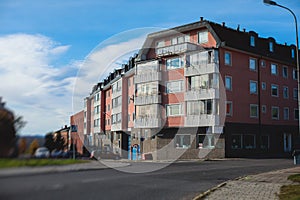 Summer sunny view of Kiruna streets, northernmost town in Sweden, province of Lapland, Norrbotten County