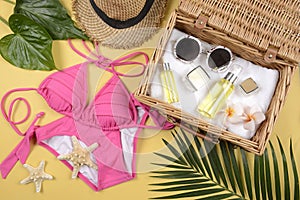 Summer and sunscreen, Beauty cosmetics product for skin care and women accessories on the beachSun protection product concept