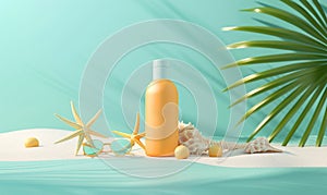Summer sunscreen product on blue background. Decoration by tropical leaves, starfish and sunglass, top view sunblock product