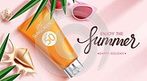 Summer sunscreen protection vector banner. Summer sunblock lotion products advertisement