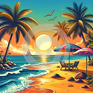 Summer sunset beach. Beach vect bundle