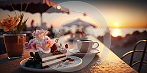 summer sunset beach cafe ,cup of coffee ,glass of wine,weet cake and flowers on table ,romantic couple relaxing,