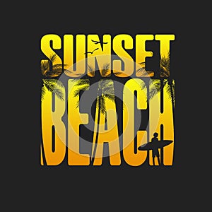 Summer Sunset beach typography, tee shirt graphic, slogan, printed design. t-shirt printing photo