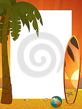 Summer sunset border with palm tree and surfboard