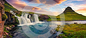 Summer sunset on famous Kirkjufellsfoss Waterfall and Kirkjufell