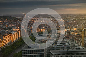 Summer sunset over Brussels - Top view of capital city of Belgium with spectacular lights and colour