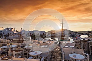 Summer sunset over the fishing village of Naousa on the island of Paros, Cyclades, Greece