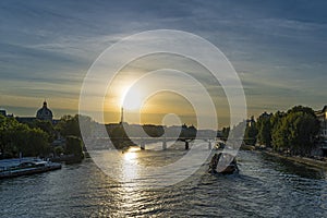 Summer Sunset Over Paris Historical Center Famous Monuments Seine River and Boats Bridges