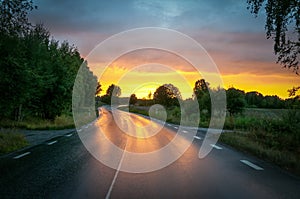 Summer sunset over the road