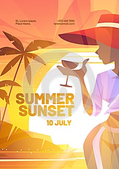 Summer sunset poster with silhouette of woman