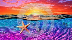 Summer sunset sky with deep blue ocean starfish seascape with vivid vaporwave colors - generative AI