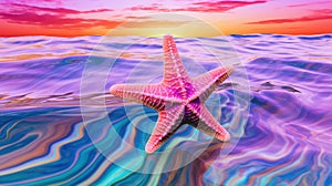 Summer sunset sky with deep blue ocean starfish seascape with vivid vaporwave colors - generative AI