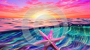 Summer sunset sky with deep blue ocean starfish seascape with vivid vaporwave colors - generative AI