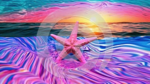 Summer sunset sky with deep blue ocean starfish seascape with vivid vaporwave colors - generative AI