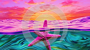 Summer sunset sky with deep blue ocean starfish seascape with vivid vaporwave colors - generative AI