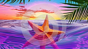 Summer sunset sky with deep blue ocean starfish seascape with vivid vaporwave colors - generative AI