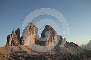 Summer sunset in Tre Cime di Lavaredo in Dolomites area