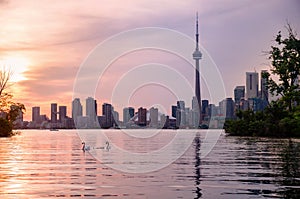 Summer sunset view from Toronto Islands across the Inner Harbour of the Lake Ontario on Downtown Toronto skyline with