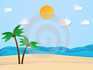 Summer sunshine time. Sea with beach and coconut tree. Paper art style. Vector illustration