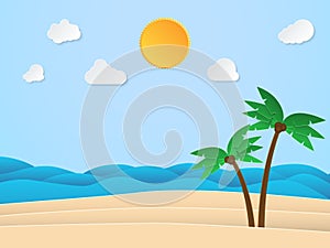 Summer sunshine time. Sea with beach and coconut tree. Paper art style. Vector illustration