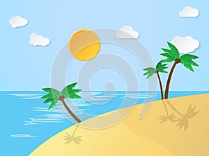 Summer sunshine time. Sea with beach and coconut tree. Paper art style. Vector illustration