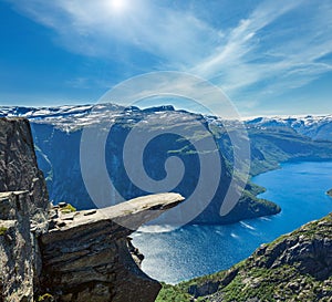 The summer sunshiny view of Trolltunga famous The Troll`s tongue Norvegian destination and Ringedalsvatnet lake in Odda, Roldal