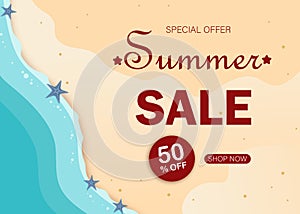 Summer super sale banner with beach. Vector illustration template and banners, wallpaper, flyers, invitation, posters, brochure,