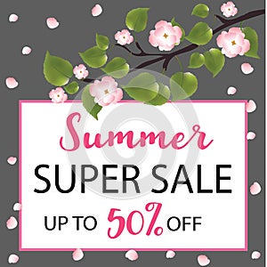 Summer super sale banner with a flowering tree.