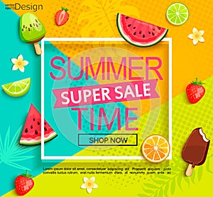 Summer super sale banner with fruits.