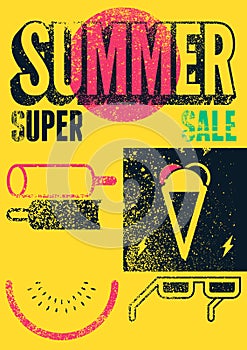 Summer Super Sale typographical vintage style grunge poster design. Vector illustration.