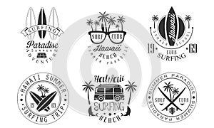 Summer Surf Club Retro Logo Templates Set, Hawaii Surfing Beach Paradise Monochrome Badges Vector Illustration