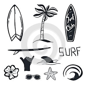 Summer Surf hand draw set with Surfboard, Wave, Palm tree and shark.