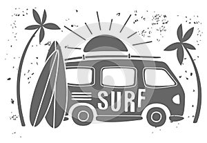 Summer Surf Print with a Mini Van, Palm Trees and Lettering. Vector Illustartion