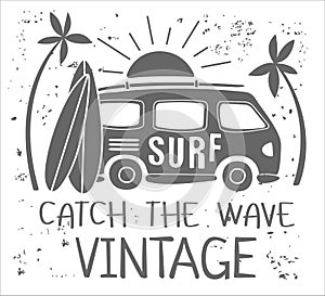 Summer Surf Print with a Mini Van, Palm Trees and Lettering. Vector Illustartion