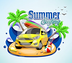 Summer Surfing Adventure Poster Design with Car and Surfboard