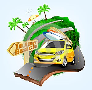 Summer Surfing Adventures Poster Design with Yellow Car