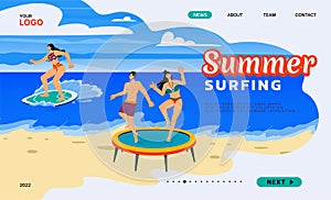 Summer surfing landing page. Sea travel. Surf in ocean water. Woman and man jump on trampoline. Beach vacation