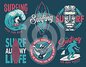 Summer surfing print set with surfer. shaka, tiki