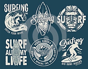 Summer surfing print set with surfer. shaka, tiki