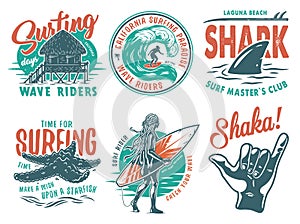 Summer surfing print set with surfer. shaka, wave